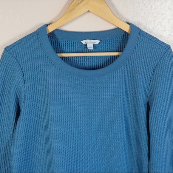 LL Bean Signature Women Blue Waffle Knit Thermal Long Sleeve Crewneck Top Size L - Picture 9 of 11